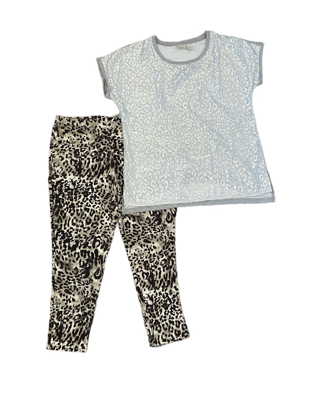 Chico's Animal Print Metallic Silver Top & Cropped Leggings Size L